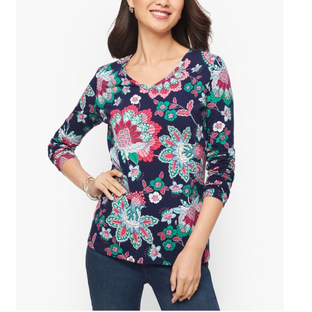 NWT Talbots V Neck Pima Tee Size S Indigo Floral Paisley Long Sleeve Navy 25"